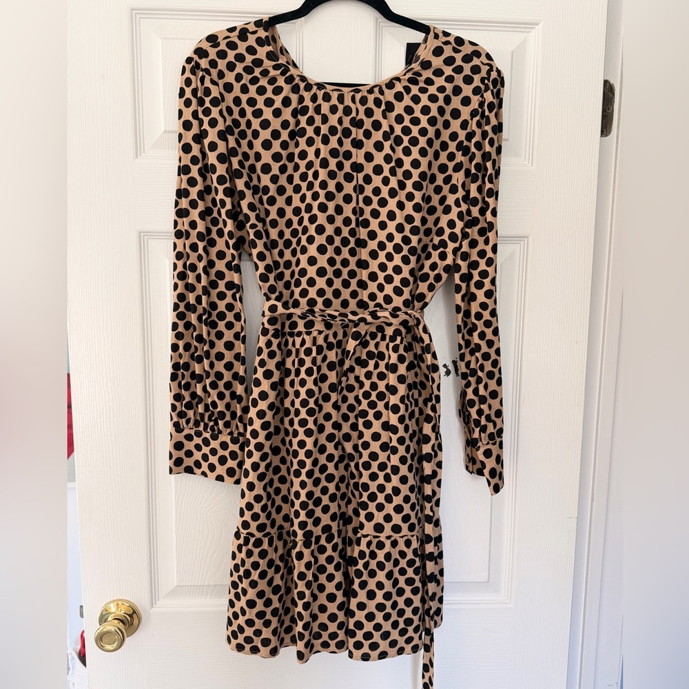 Who What Wear Tan Polka Dot Long Sleeve Tie-Waist Dress